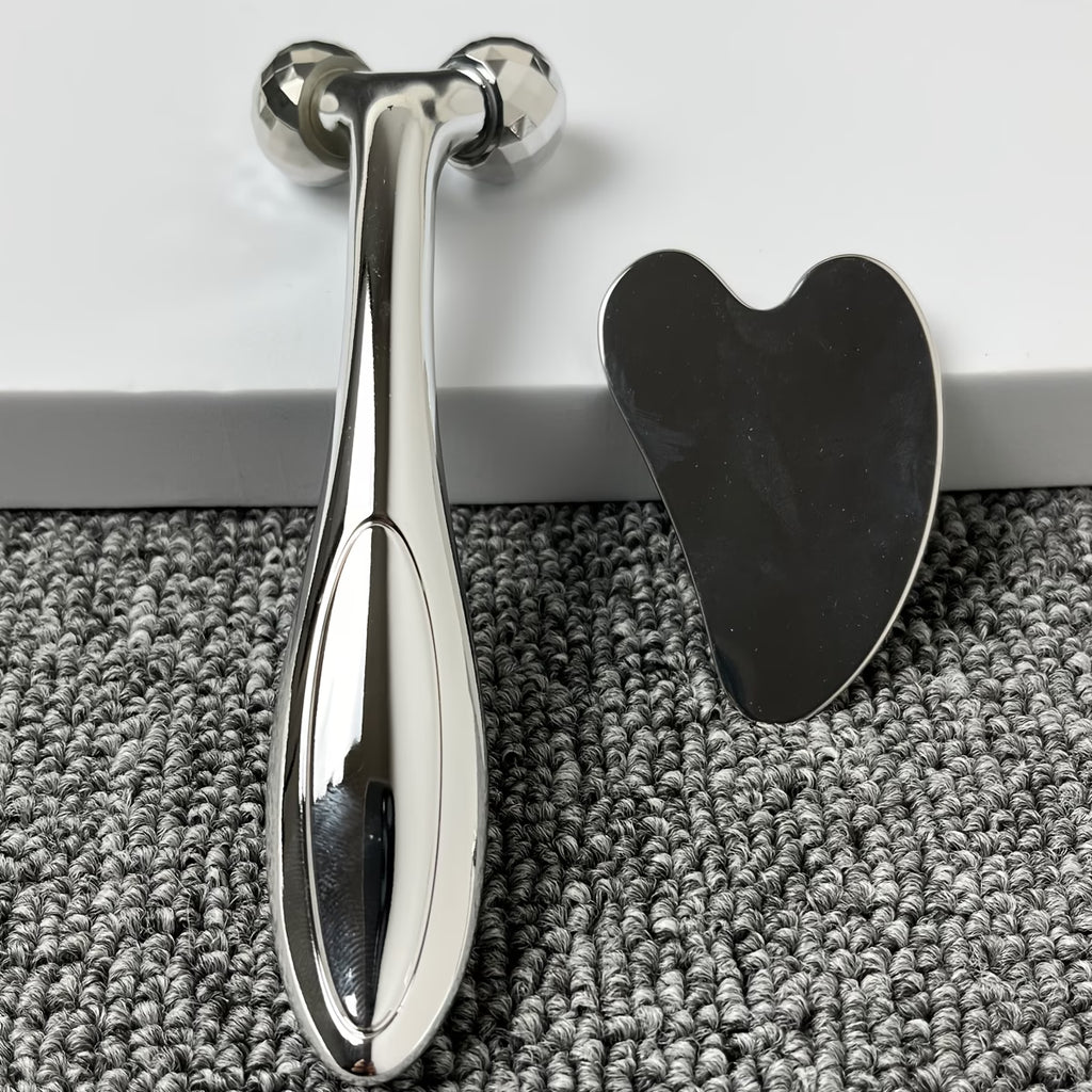 2-Piece Silver Facial Roller & Gua Sha Set