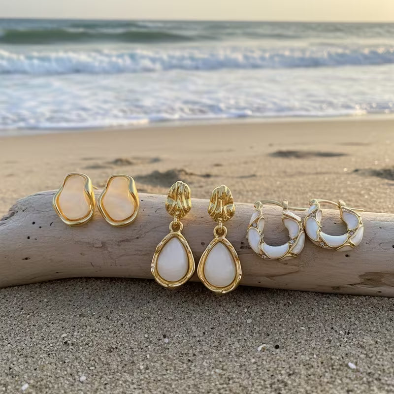 Gold and White Earrings Set