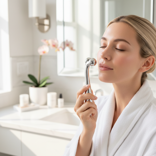 Woman using silver facial roller on cheek