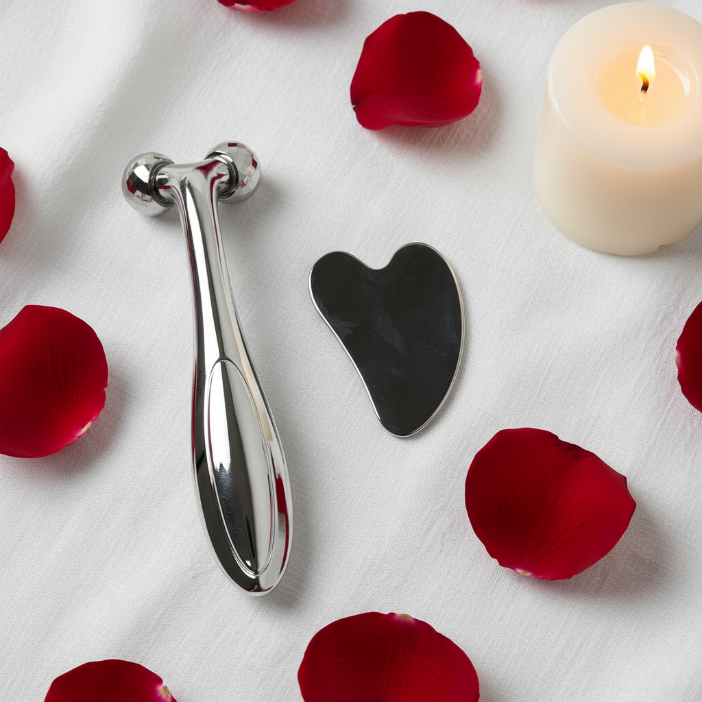 Silver facial roller and gua sha in spa setting