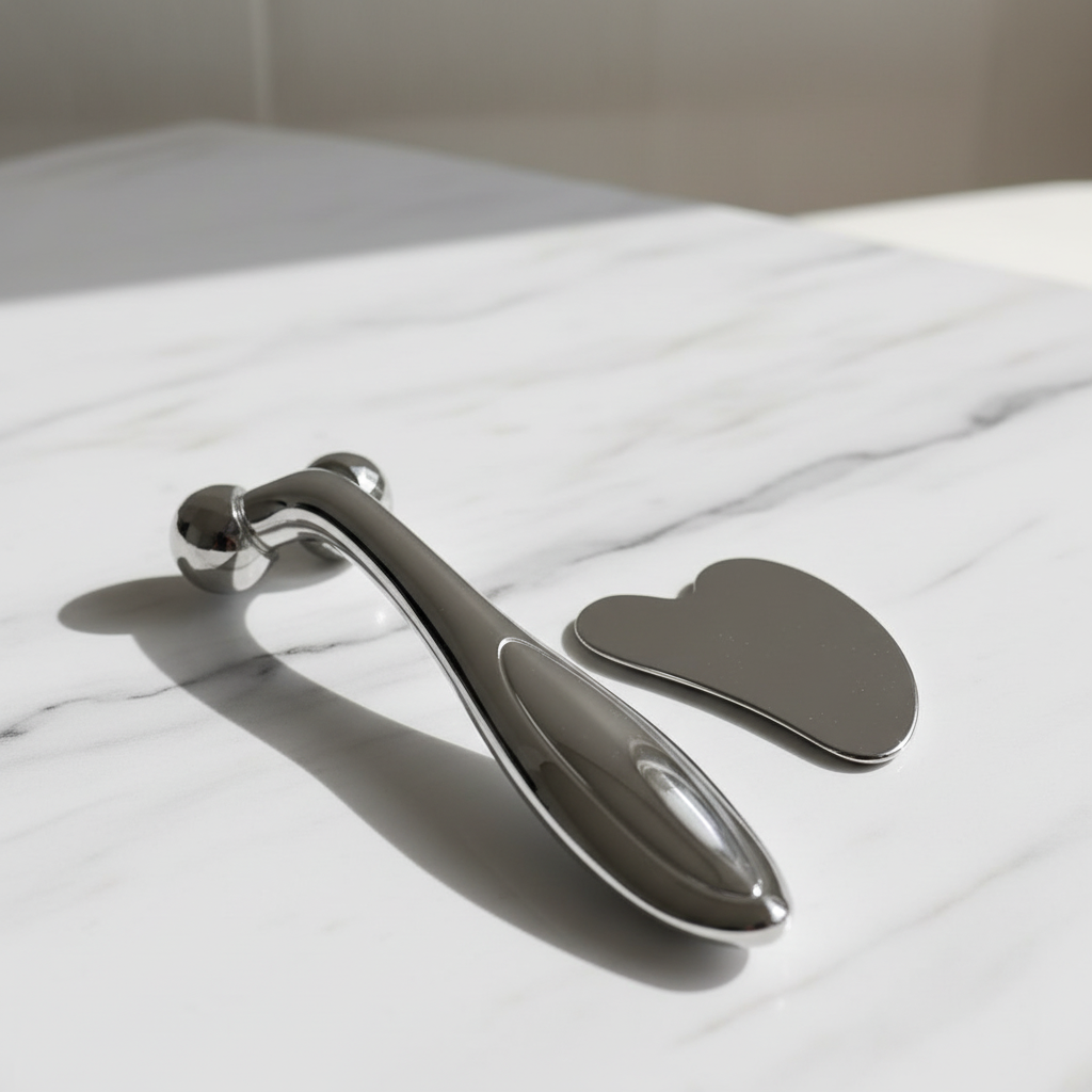 Silver facial roller and gua sha on marble surface