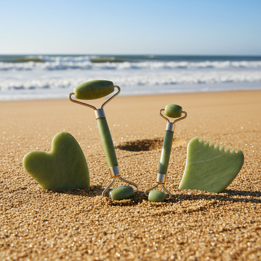 Jade Facial Roller & Gua Sha Set on sea sand