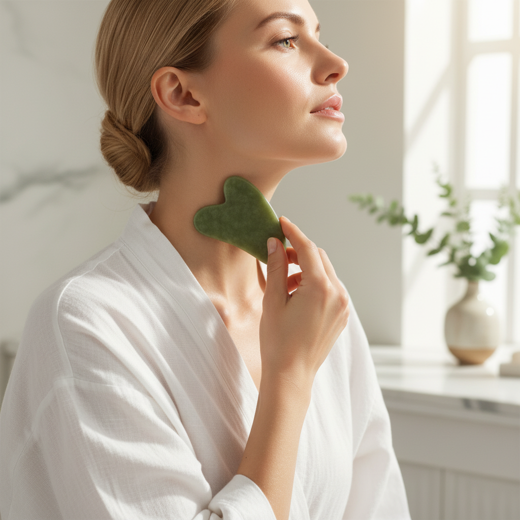 Woman using gua sha on neck