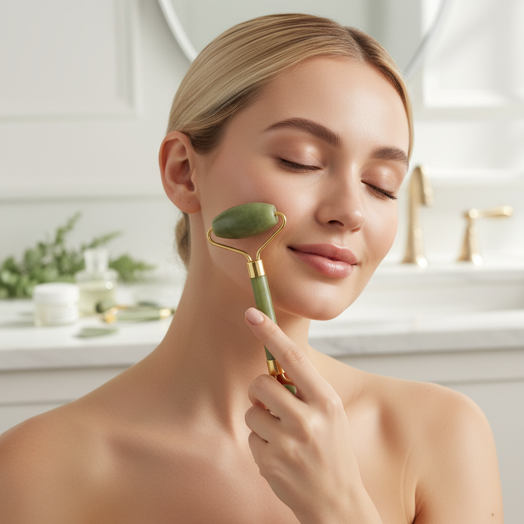 Woman using jade facial roller